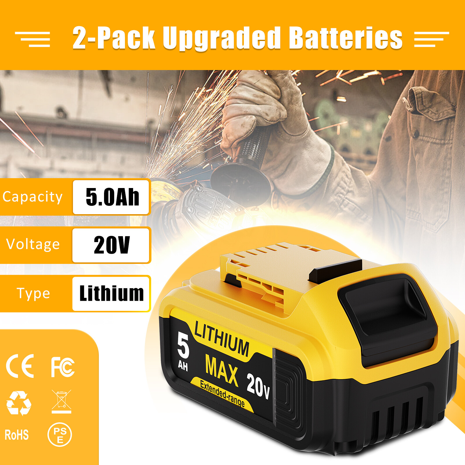 2Pack For DeWalt 20V 20 Volt Max 5.0AH Lithium Battery DCB206 DCB205-2 DCB201-2