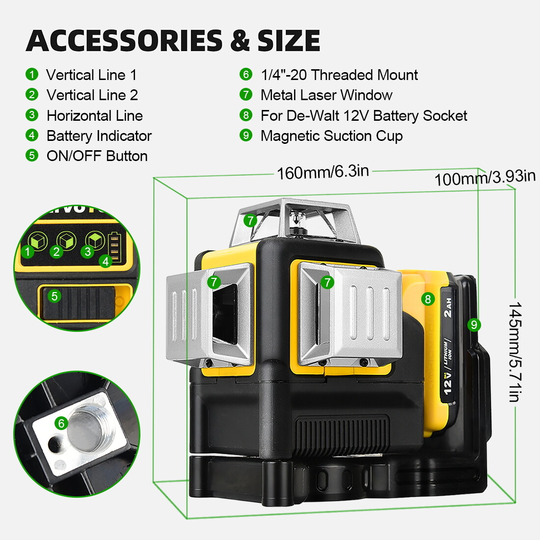 12V 360° Green Laser Level 12Line Vertical/Horizontal Outdoor for Dewalt Battery