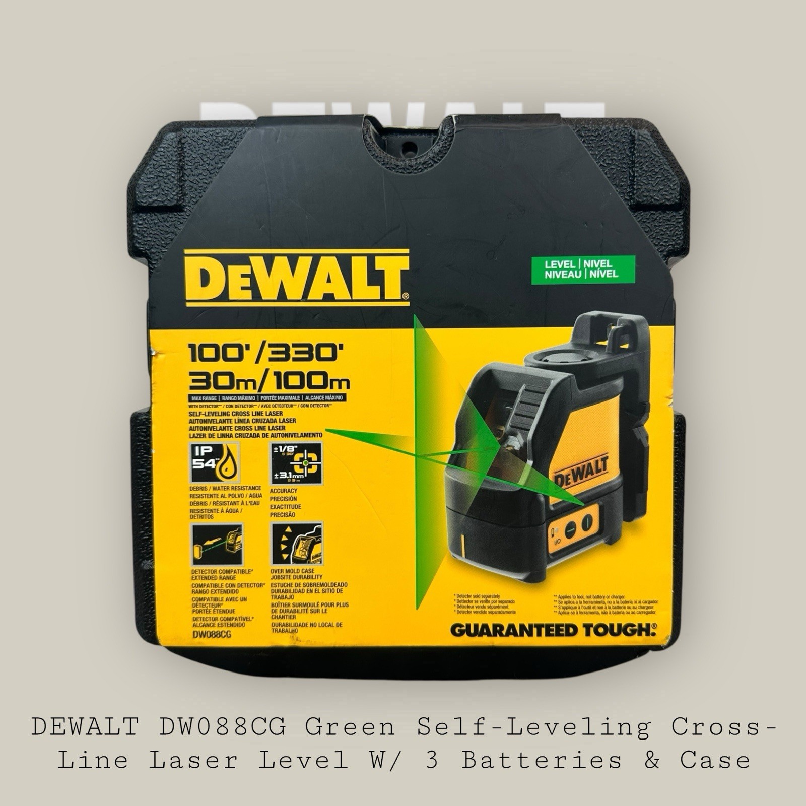 DEWALT DW088CG Green Self-Leveling Cross-Line Laser Level W/ 3 Batteries & Case