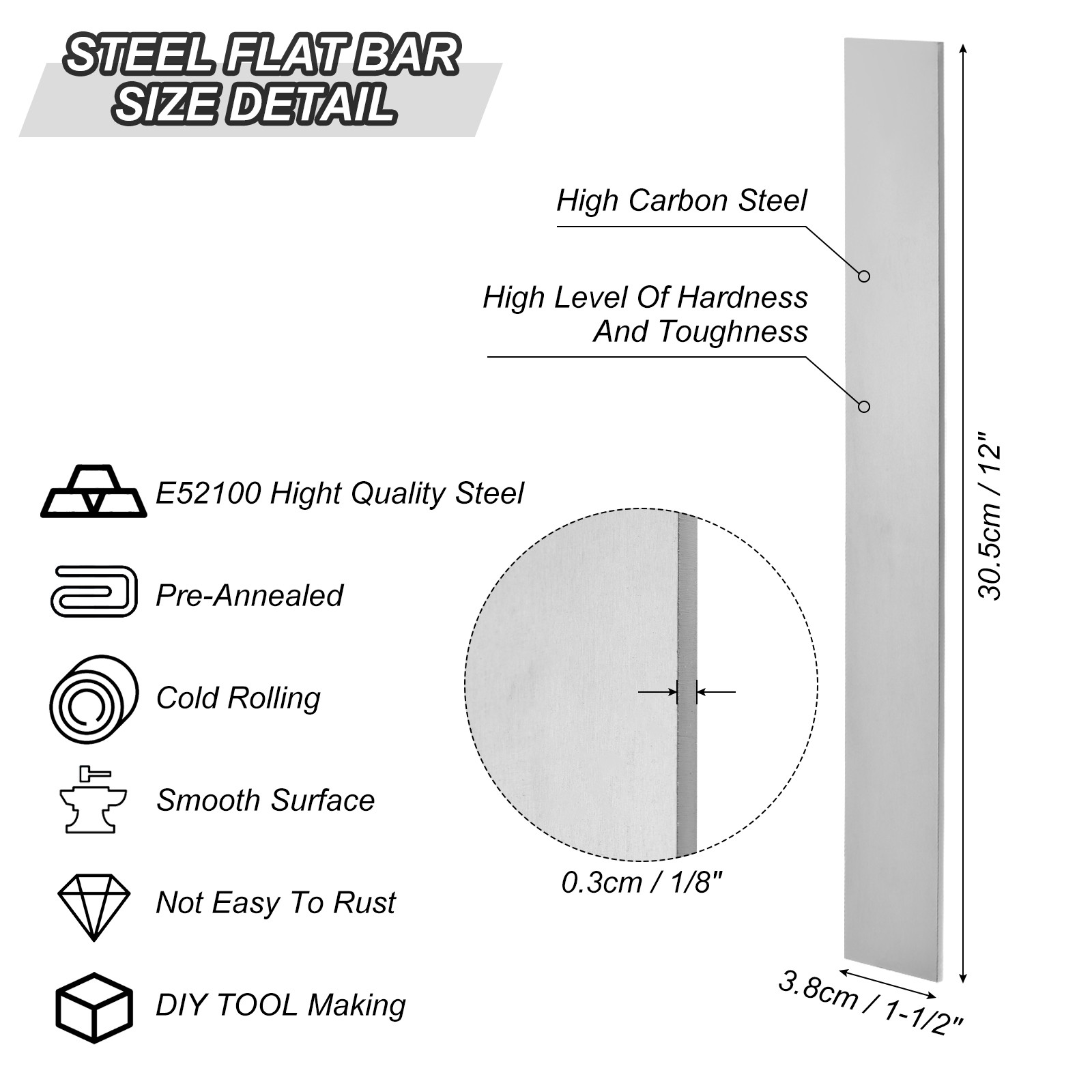 1 PCS E52100 Steel for Knife 12″ x 1-1/2″ x 1/8″ Hot Rolled