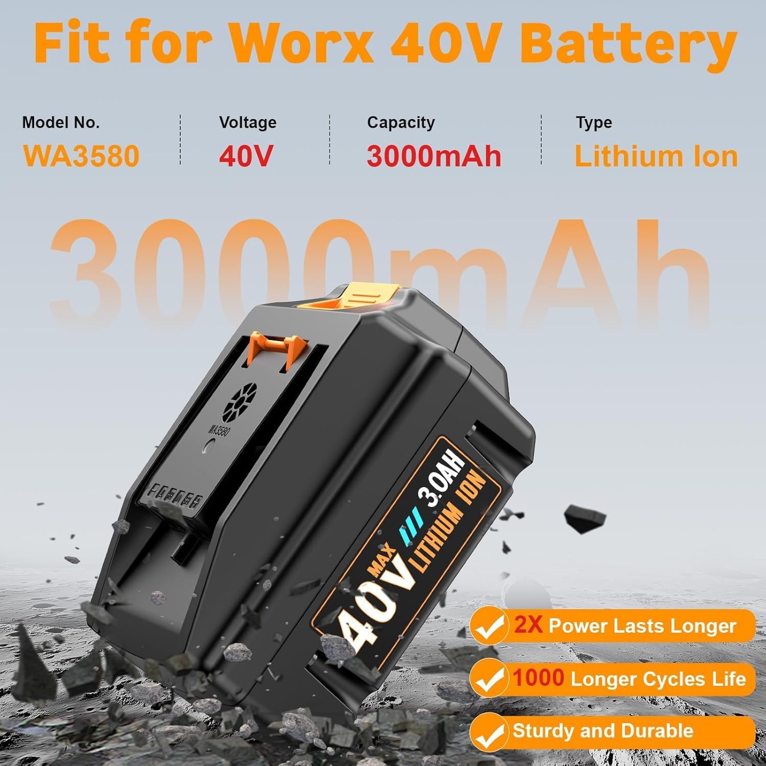 2 Pack WA3580 3.0Ah Lithium-ion Battery For Worx 40V Max WG180 WG280 WG380 WG580