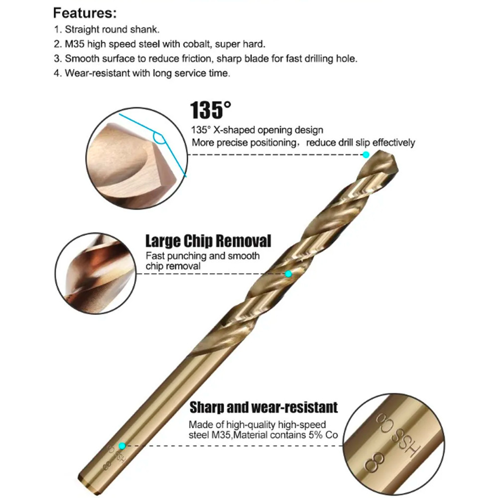 10PCS 1mm-20mm M35 HSS-CO Cobalt Drill Bits Twist Drill Bit For Stainless Steel