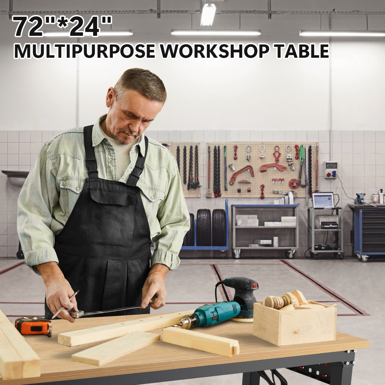 Adjustable Heavy Duty Workbench 72″ 2000LBS Rubberwood Top Power Outlets Garage