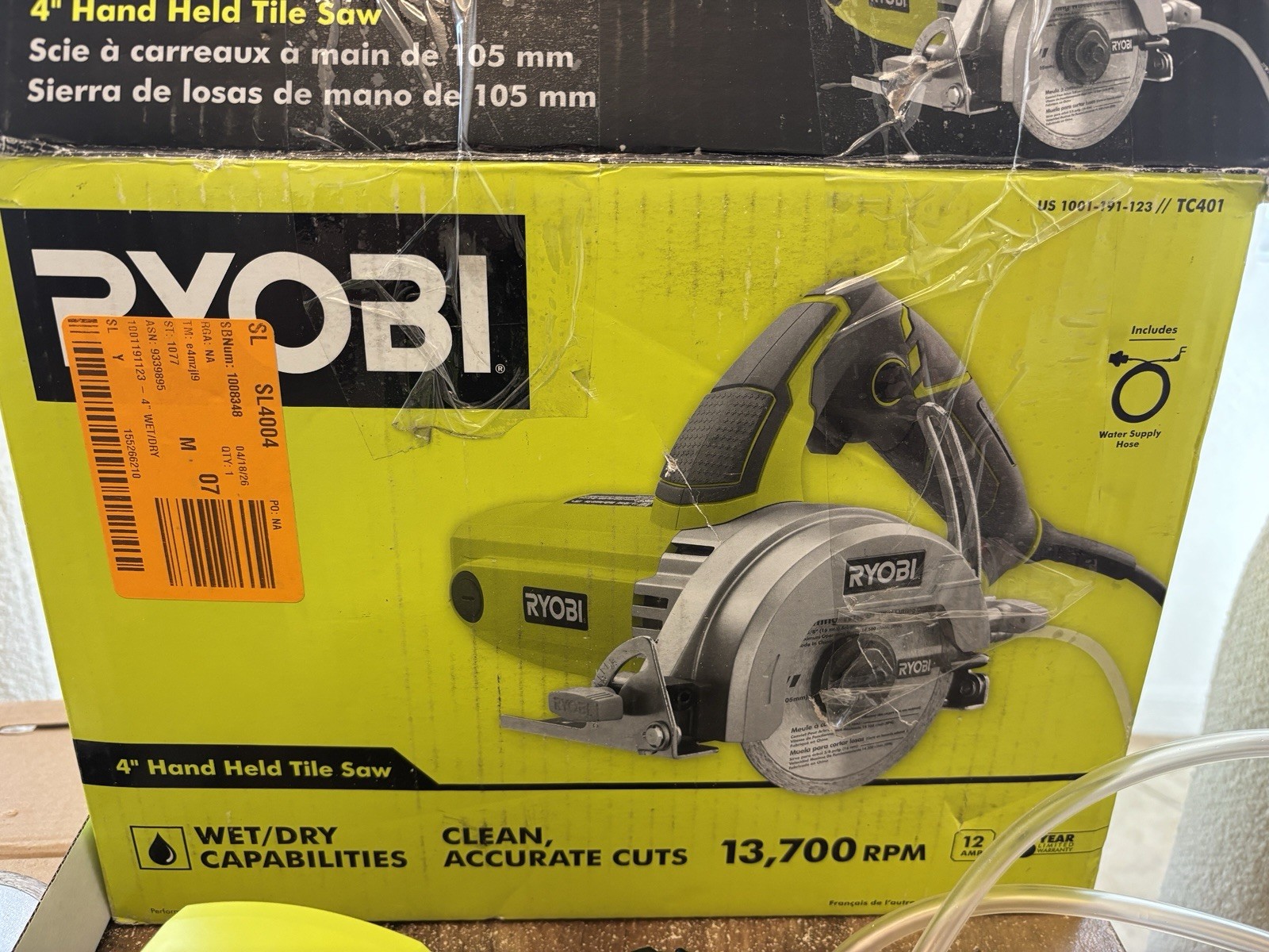 Ryobi TC401 4in Corded Handheld Tile Saw Wet/Dry w/ Blade & Water Hose