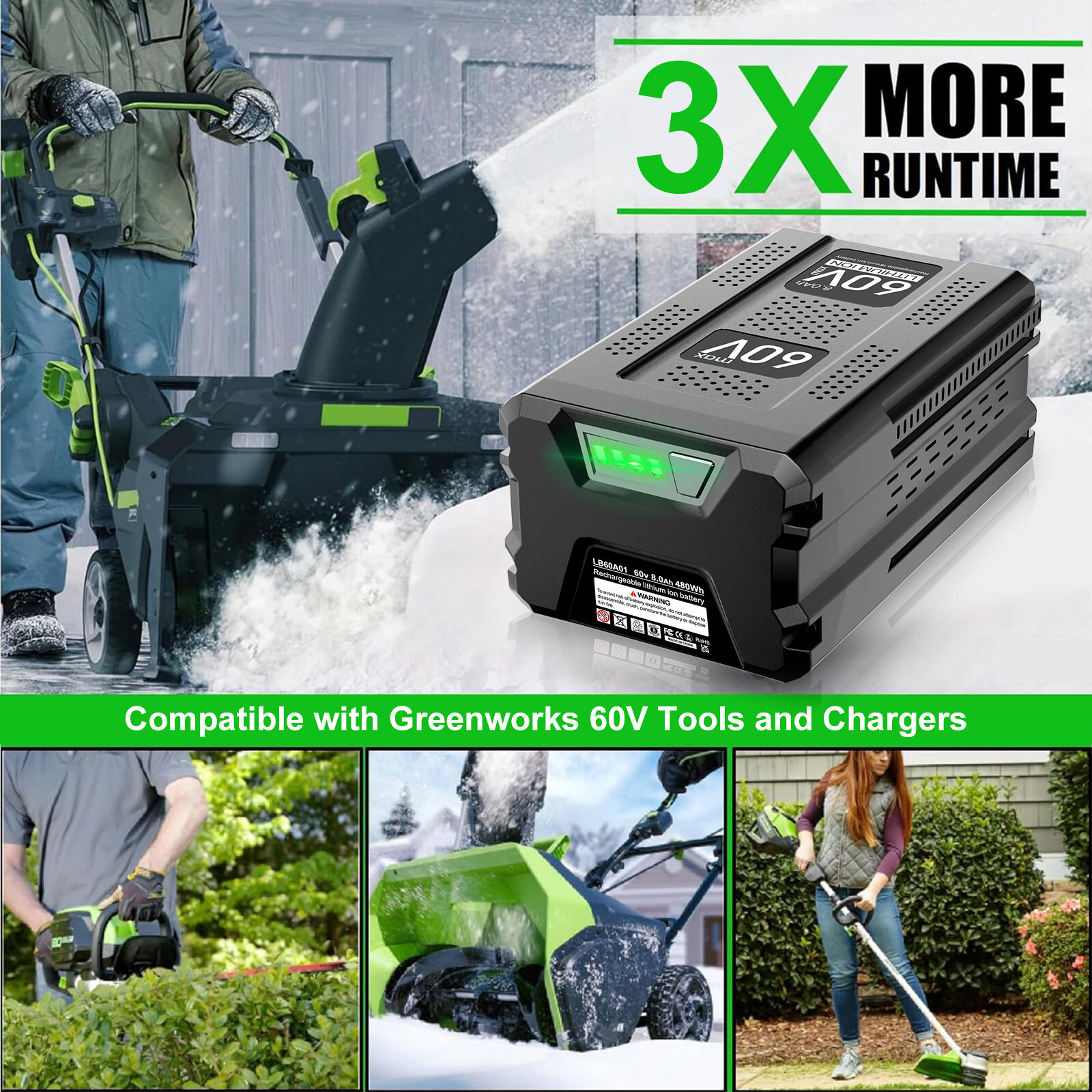 8.0Ah / 5.0Ah For Greenworks 60V Max PRO Lithium-ion Battery LB605 LB60A02 LB604