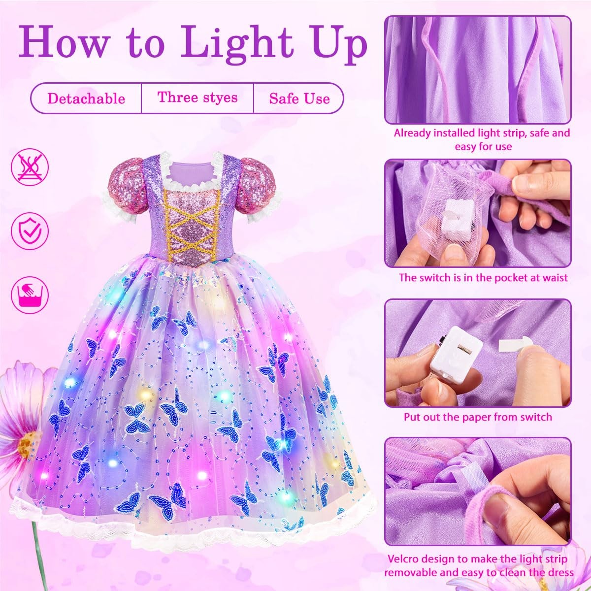 Meland Princess Dresses for Girls – Light Up 5-6 Years, Purple/Pink