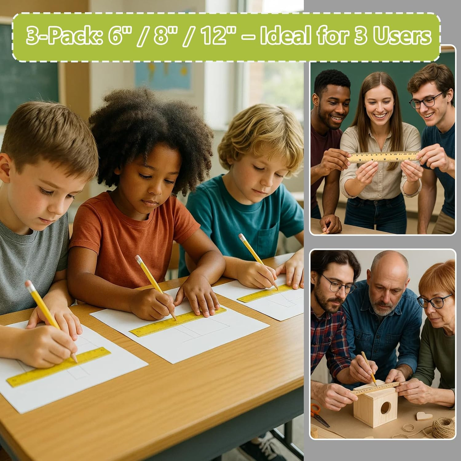 3 Pack Wood Ruler Set – Includes 6 Inch (15 Mm), 8 Inch (20 Mm), and 12 Inch (30